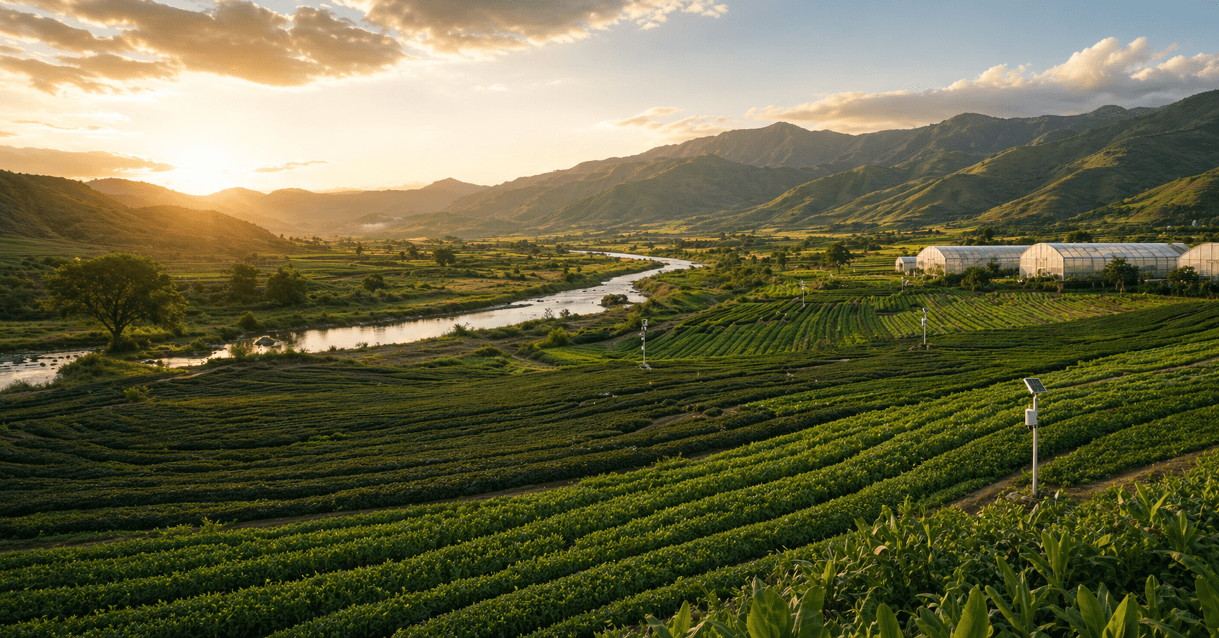 Connected Farms panoramic agriculture landscape with river, greenhouse structures, and smart field monitoring